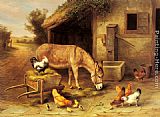 Edgar Hunt Wall Art - A Donkey and Chickens Outside a Stable